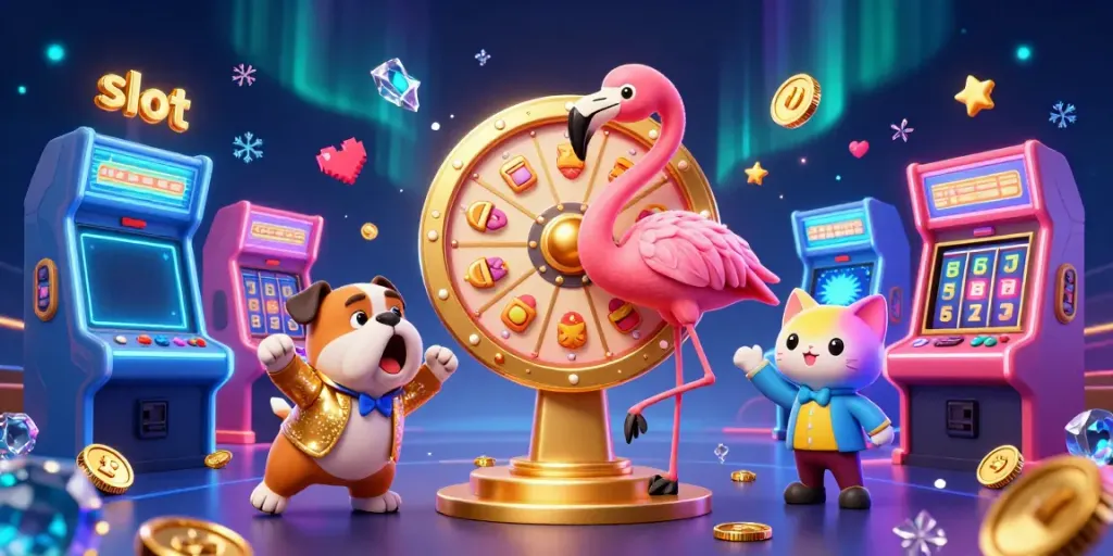 Play thrilling slot games with this exciting scene featuring a flamingo host and vibrant game elements.