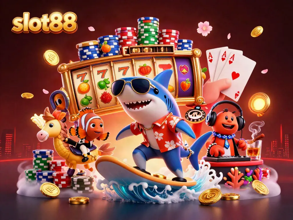 Experience thrilling slot88 adventures with a vibrant cartoon shark, seahorse, and crab in a jackpot scene.