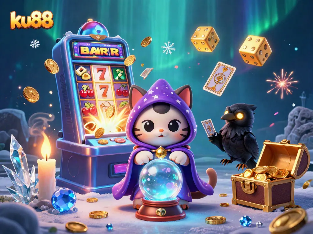 Experience thrilling games at ku88, featuring a mystical cat and exciting slot machine jackpot.