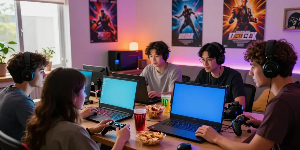 Group enjoying gaming session with rokok88 apk on laptops and vibrant atmosphere.