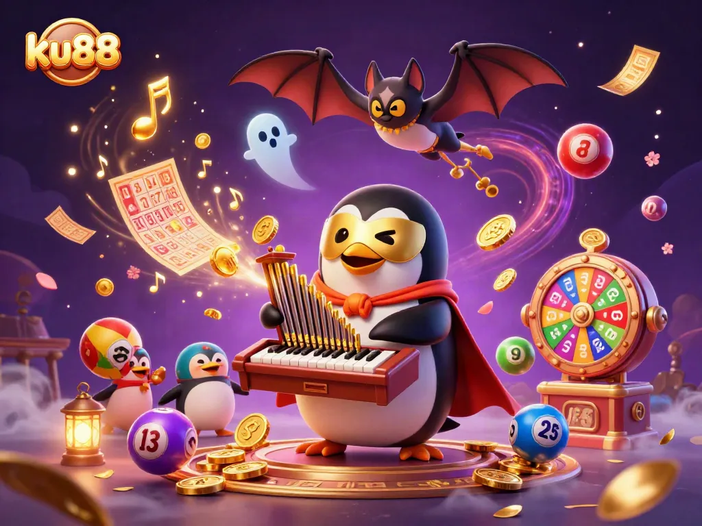 ku88 penguin organist creates a whirlwind of lottery excitement and gold coins in a vibrant casino scene