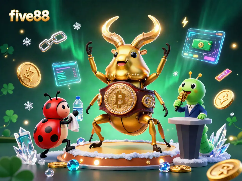 Experience the thrill with five88 in a vibrant casino scene featuring unique characters and crypto coins.