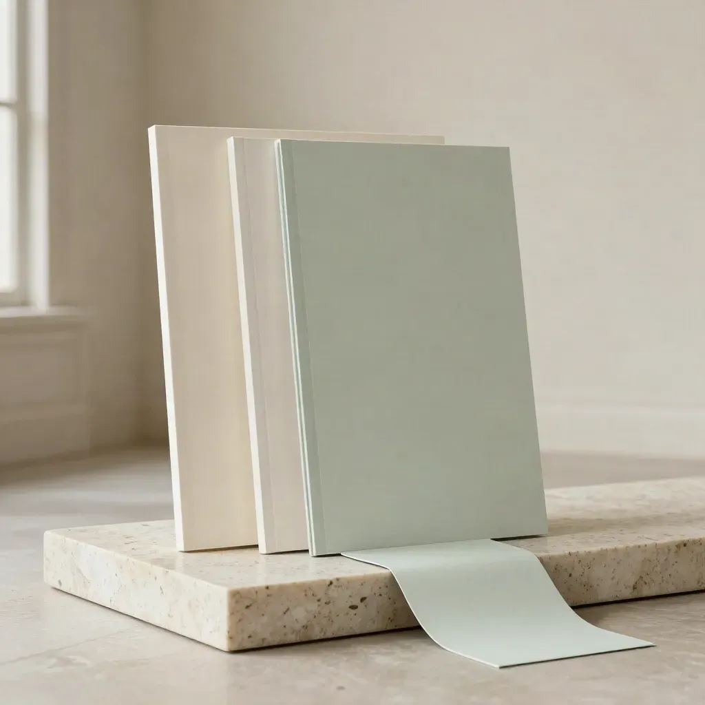Cream website launch bundle on travertine plinth with mockup boards and folded sleeve