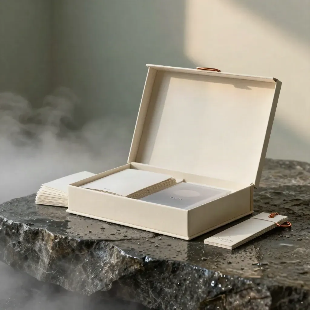 Ivory identity kit box with swatches, booklet and sleeve on wet stone at dawn.