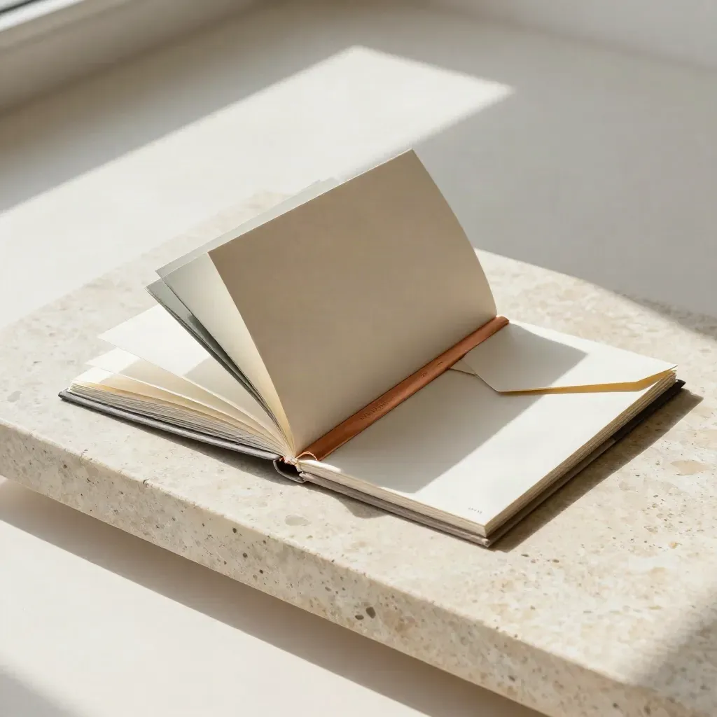 Ivory brand guide booklet with swatches and envelope on pale travertine, top-down editorial flatlay