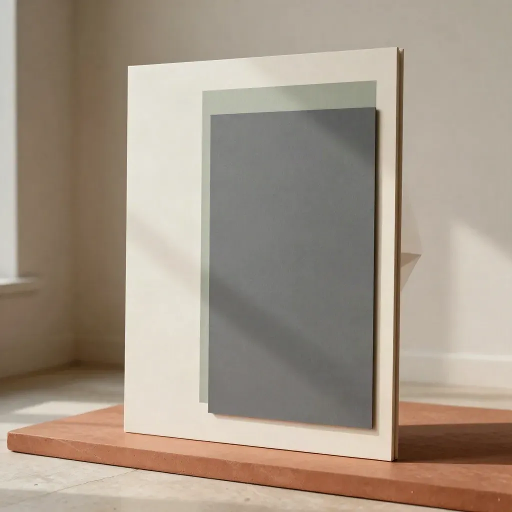 Upright web header board with sage accent on terracotta plinth, shot from below.