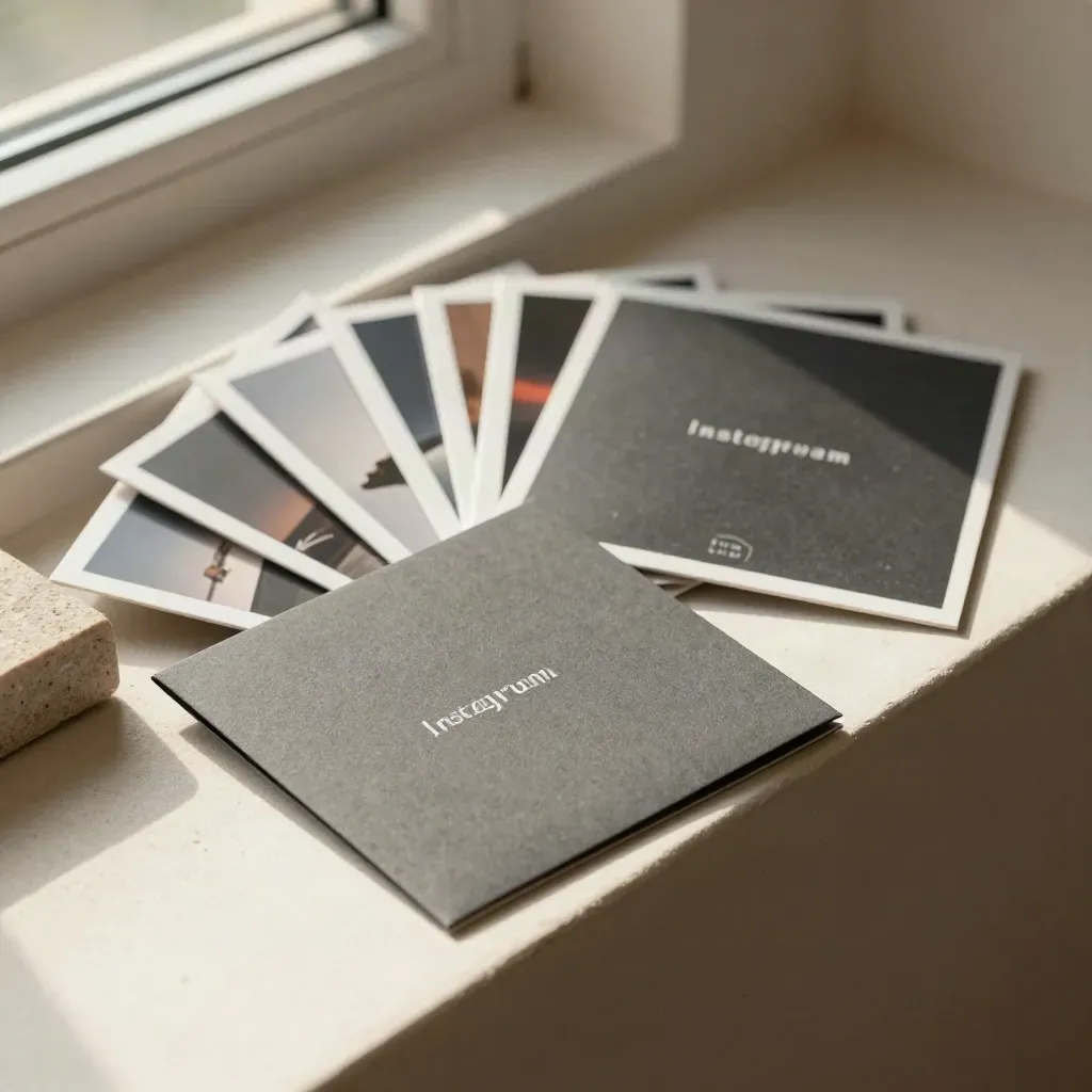 Fanned Instagram launch mockups with sleeve and layout cards on a pale plaster ledge.