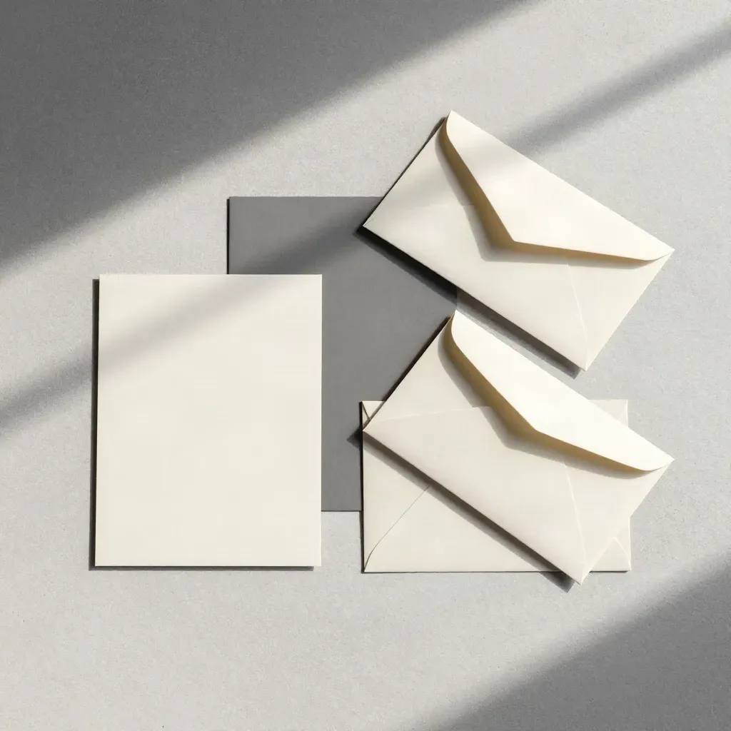 Overhead salon print kit flatlay with cards, flyers, envelope set and sage-accent insert on pale concrete.