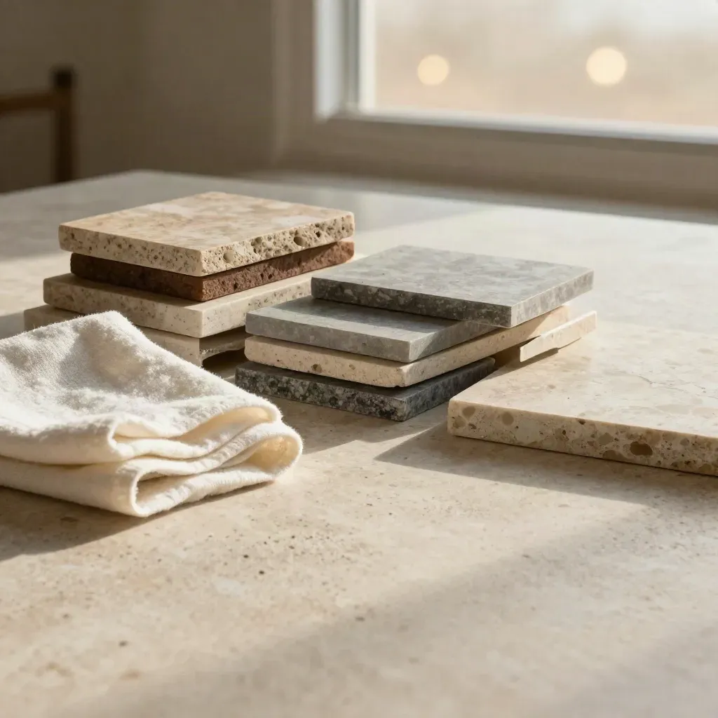 Travertine surface with stone sample blocks and an ivory linen swatch in warm light.