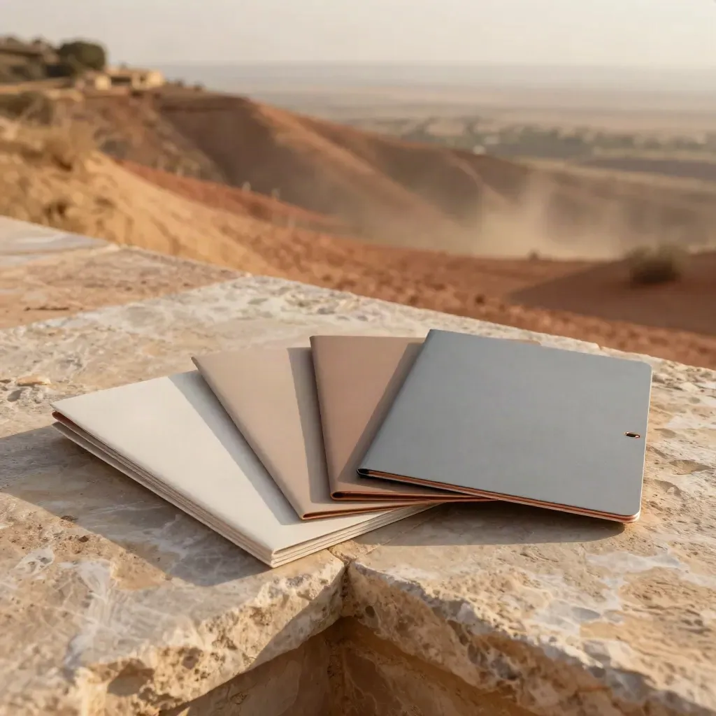 Stone terrace with stacked sample folders above a sunlit dry hillside at golden hour.