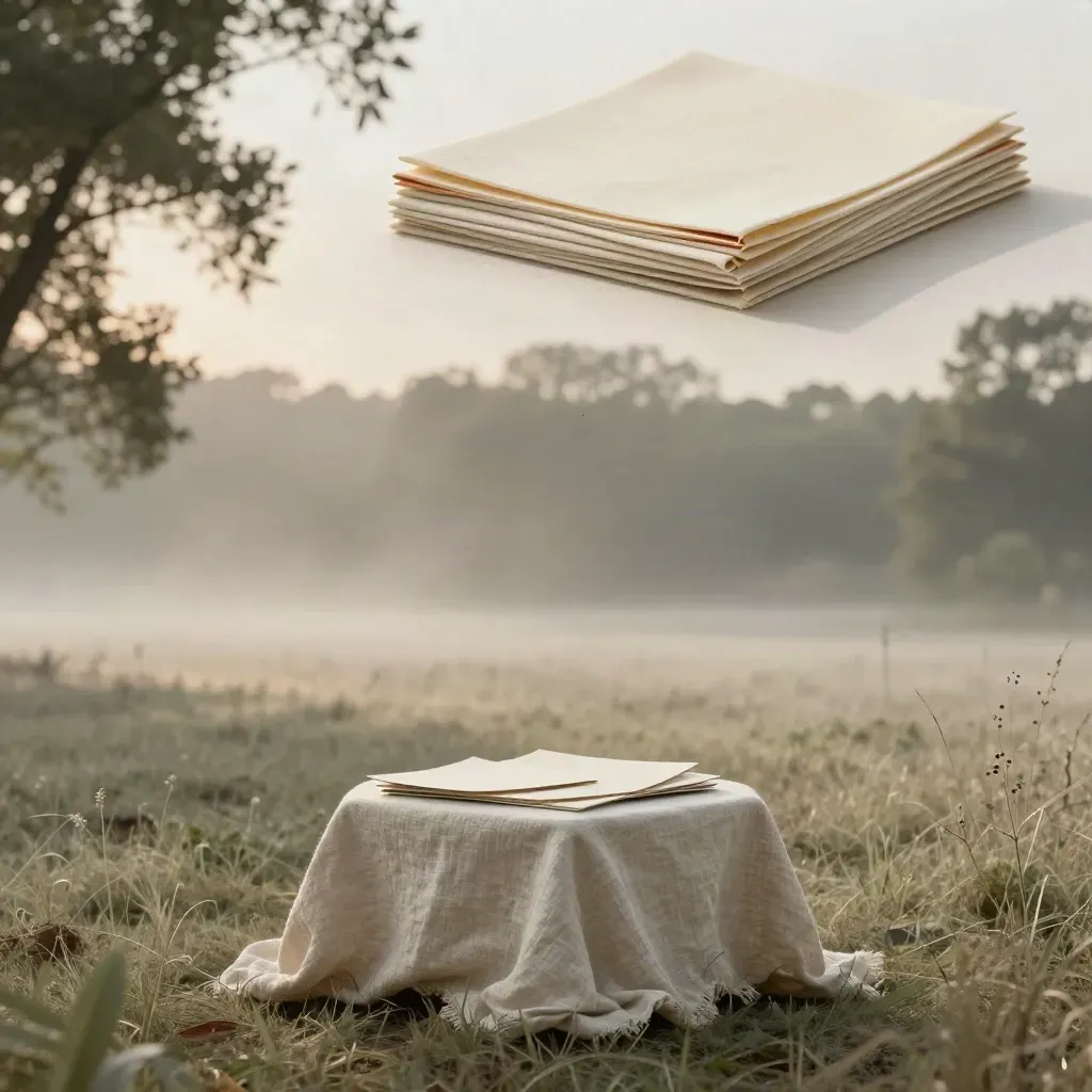 Misty woodland clearing with a linen pedestal and soft leaf shadows, ample copy space below.