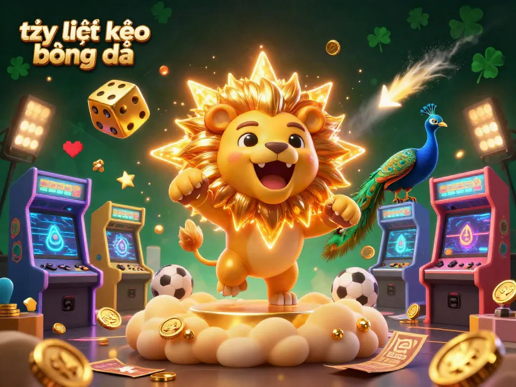 Engage in tỷ lệ kèo bóng đá with a dynamic scene showcasing a lion, sports elements, and vibrant casino aesthetics.