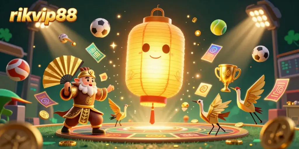 Experience the excitement of rikvip88 with a dynamic 3D casino illustration featuring vibrant characters and sports elements.