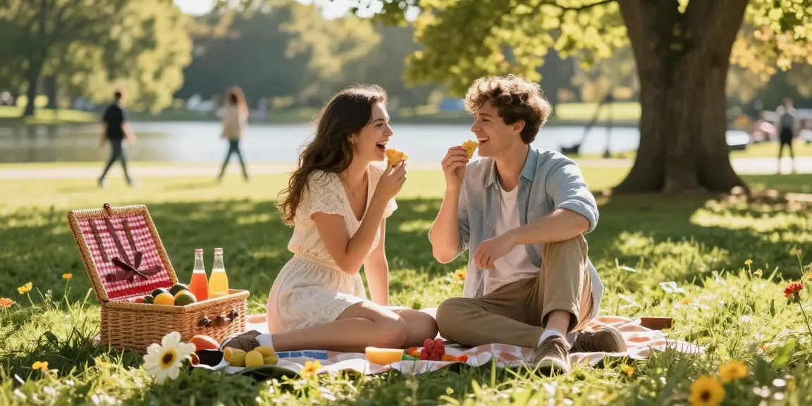 Couple enjoying a picnic in a park, showcasing a crush on each other in a romantic outdoor setting.
