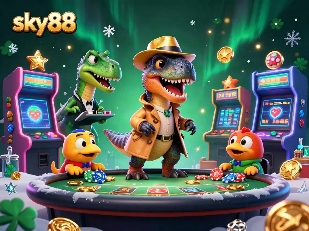 Experience excitement at Sky88 with a velociraptor card counter, casino elements, and a thrilling gaming scene.