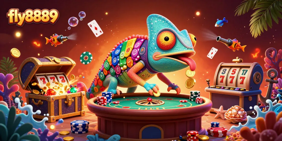 Engage in intense gambling experiences with fly8889, featuring a vibrant chameleon casino owner amidst dynamic casino elements.