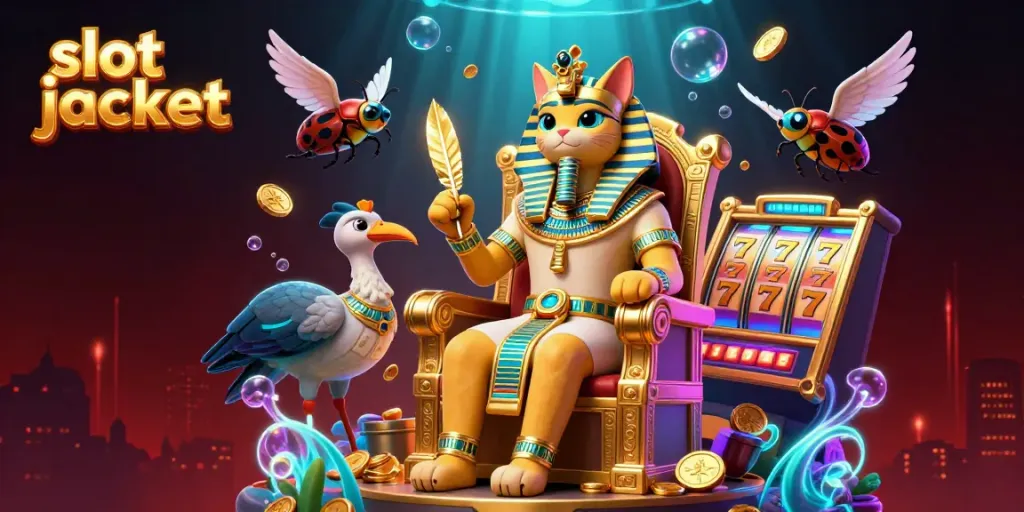 Experience thrilling slot jackpot wins with an Egyptian pharaoh cat and vibrant slot machine elements.