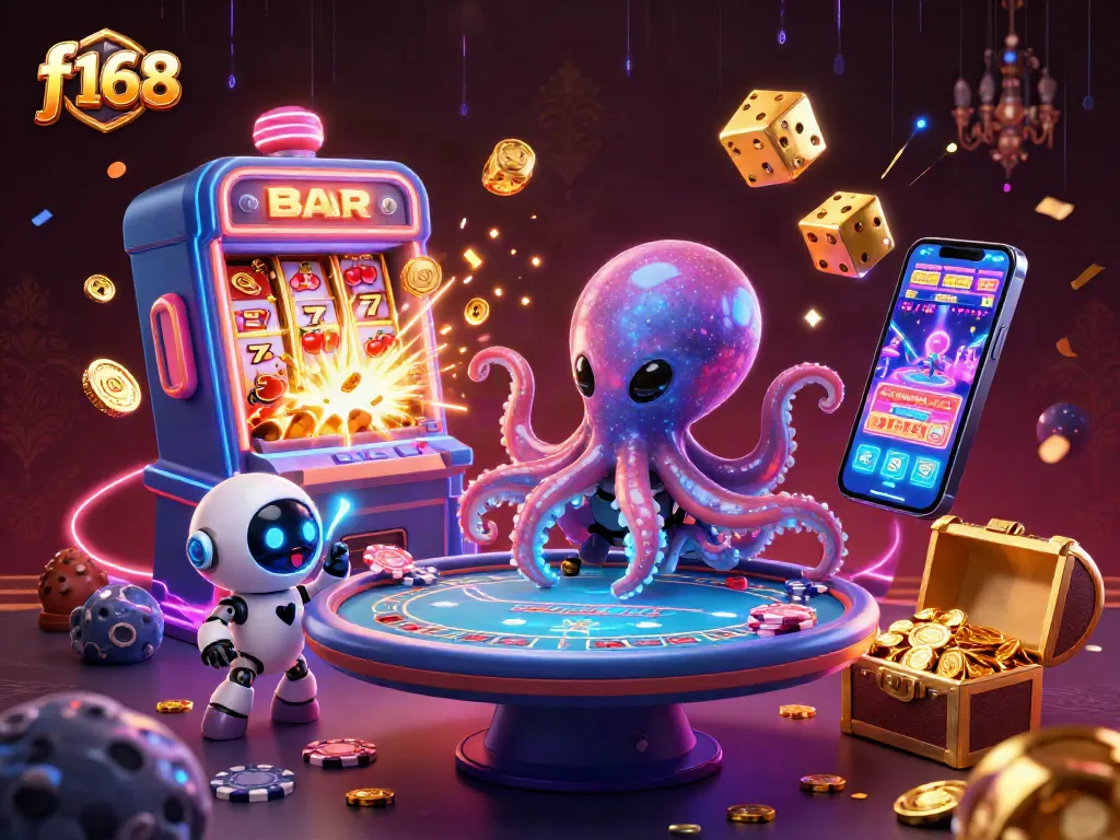 Engaging f168 gaming scene with a vibrant alien octopus at a poker table amidst jackpot excitement.