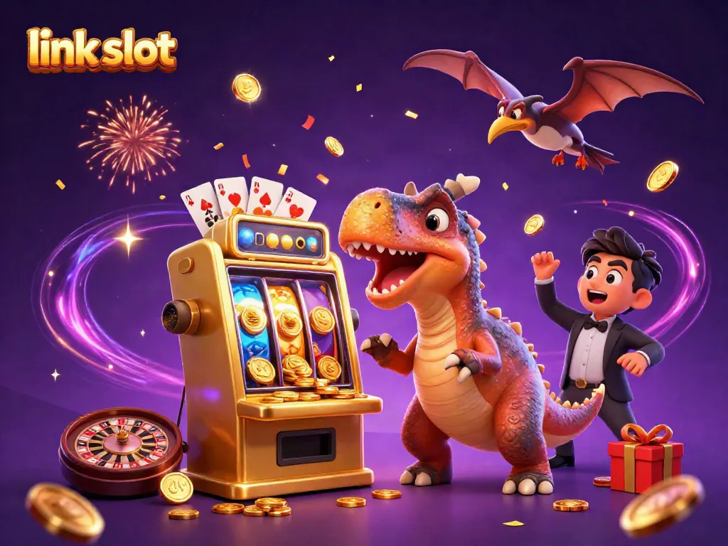 Action-packed scene of pachycephalosaurus hitting jackpot on a golden slot machine, captivating players on link slot.