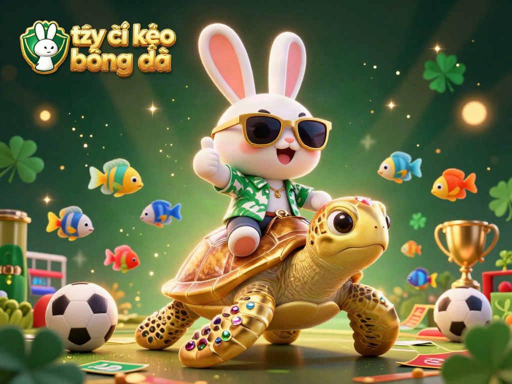 Engaging illustration of tỷ lệ kèo bóng đá showcasing a lucky rabbit and golden turtle in a vibrant sports betting theme.