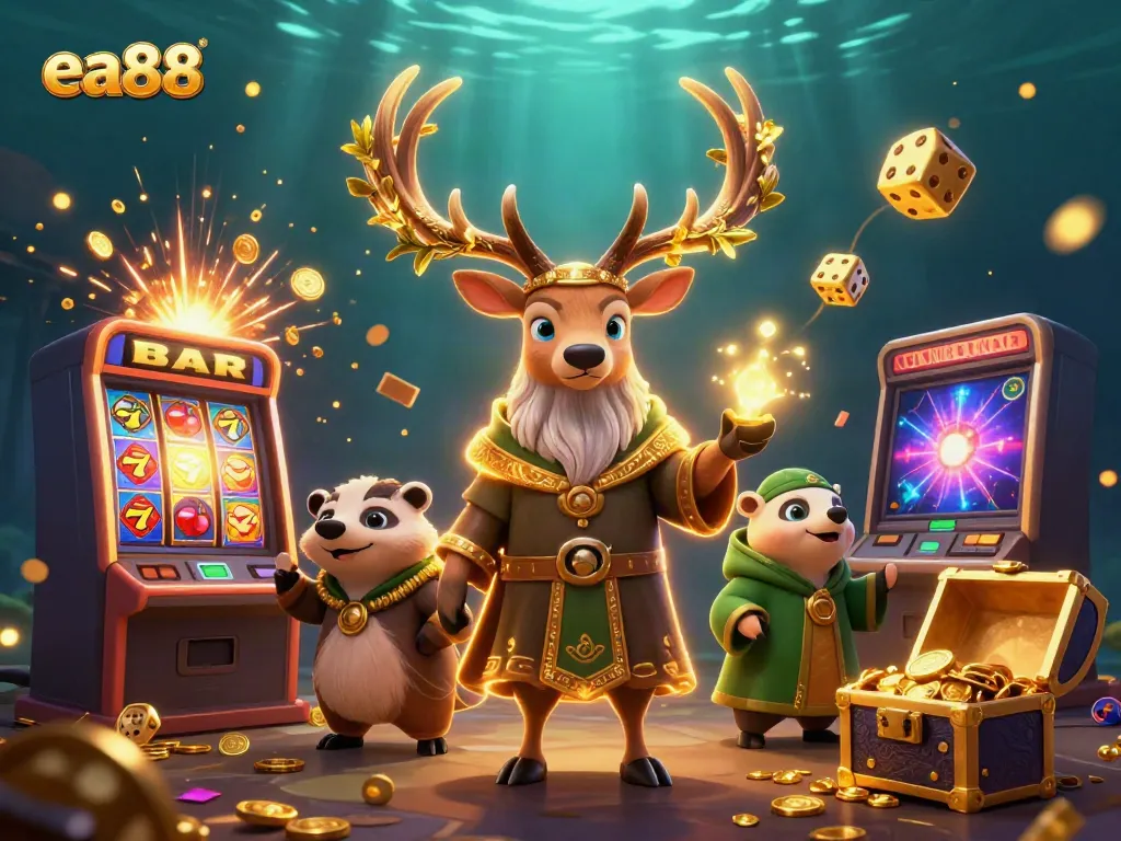 Engage in exhilarating gaming with ea88 amidst slot machines and vibrant spirits in this scene.