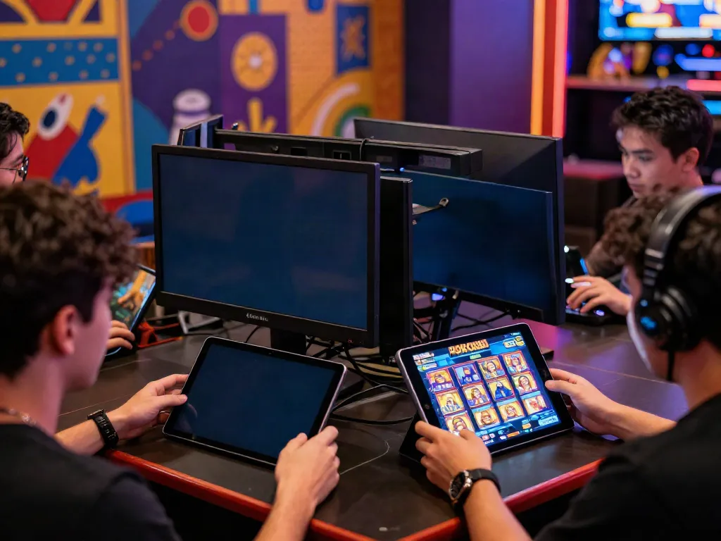 Engaged players enjoying ROKOK88 link slot game on devices in vibrant gaming atmosphere.