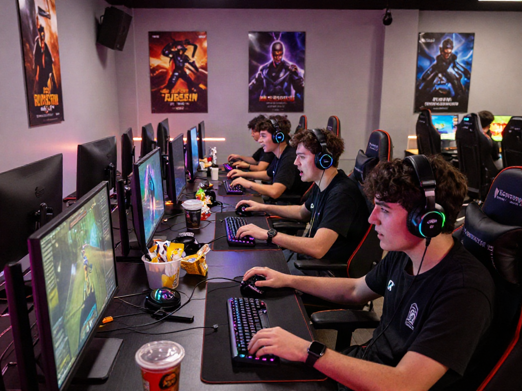 Gamers intensely playing a porn game in a lively studio atmosphere.