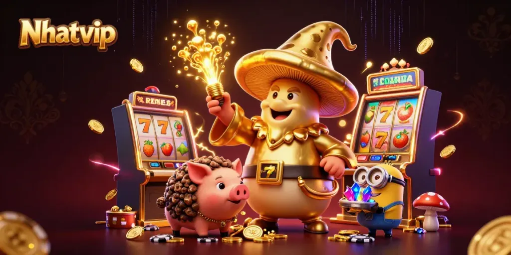 Nhatvip elevates your gaming with a magical mushroom wizard and treasure-seeking pig in a dynamic casino setting